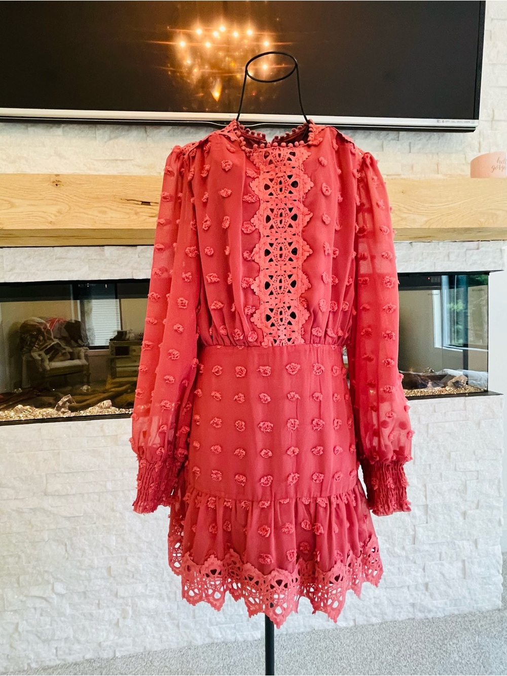 Lulu's Coral Crochet-Trim Mini Dress